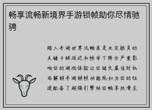 畅享流畅新境界手游锁帧助你尽情驰骋