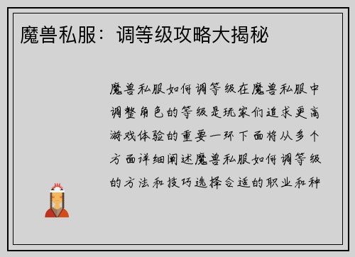 魔兽私服：调等级攻略大揭秘